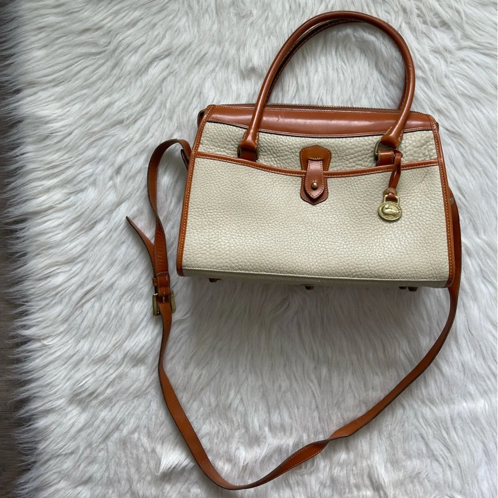 Dooney & Bourke Cream and Tan Pebbled Leather Satchel with Shoulder Strap